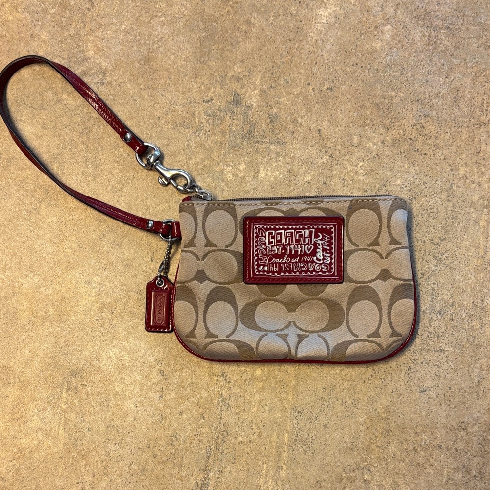 Vintage Coach Poppy Tan and Red Signature Wristlet Clutch
